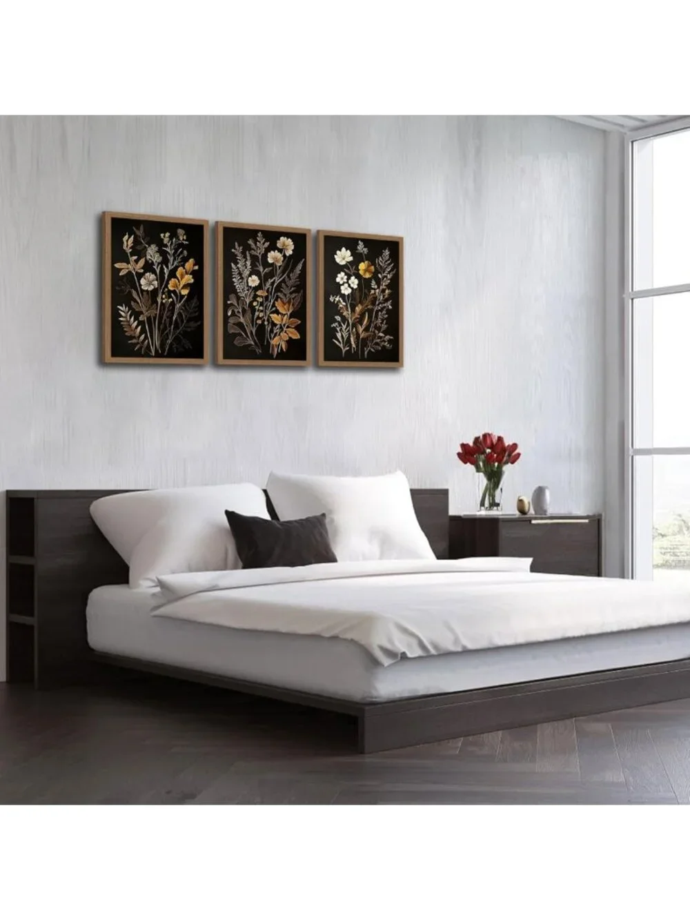 Set of 3 Vintage Black Flower Botanical Canvas Prints - Dark Academia Wall Art